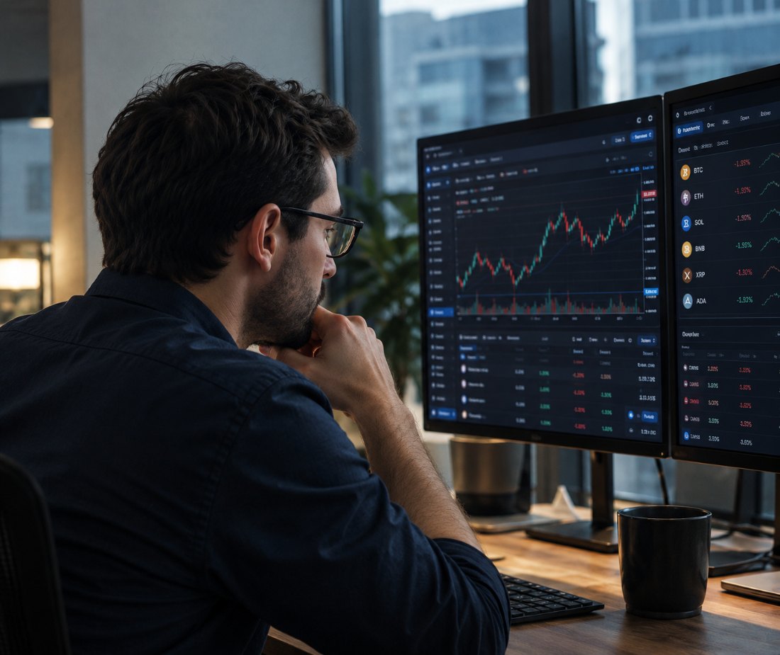 Man analysing crypto price charts on multiple monitors