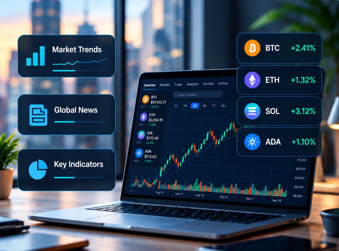Laptop showing crypto market dashboards with Bitcoin, Ethereum, Solana and Cardano prices